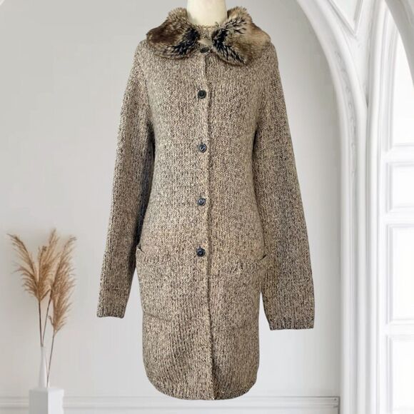 J Jill Chunky Boho Oversized Long Chunky Wool Knit Knitted Fur Collar Cardigan S - Picture 1 of 8